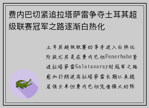 费内巴切紧追拉塔萨雷争夺土耳其超级联赛冠军之路逐渐白热化